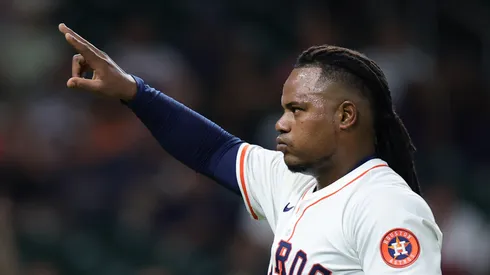 Framber Valdez #59 of the Houston Astros reacts.