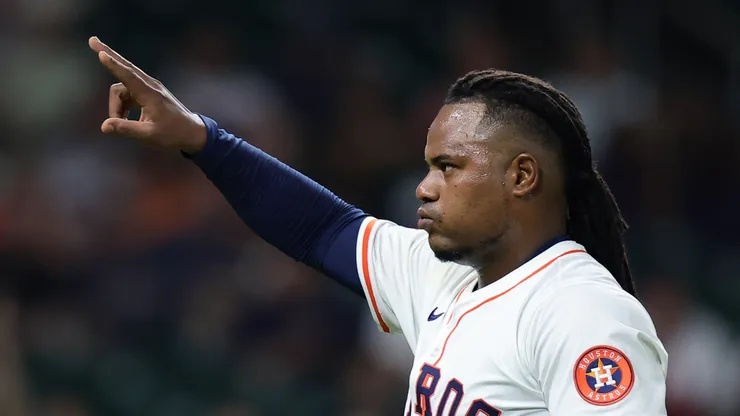 Framber Valdez #59 of the Houston Astros reacts.