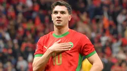 Brahim Diaz celebrates a goal for Morocco.