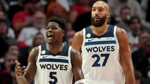 Anthony Edwards and Rudy Gobert during a Minnesota Timberwolves game.