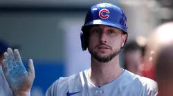 Kyle Tucker #30 with the Cubs celebrates after scoring against the Angels.