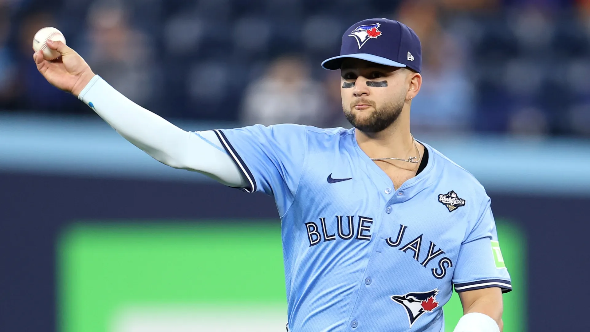 Bo Bichette #11 with the Blue Jays throws the ball in game six of the 2025 World Series. Emilee Chinn/Getty Images