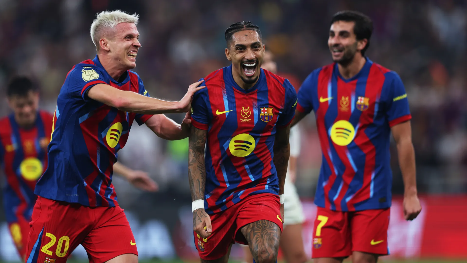 Raphinha celebrates a goal against Real Madrid. (Getty Images)