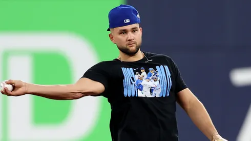 Bo Bichette #11 of the Toronto Blue Jays warms up.