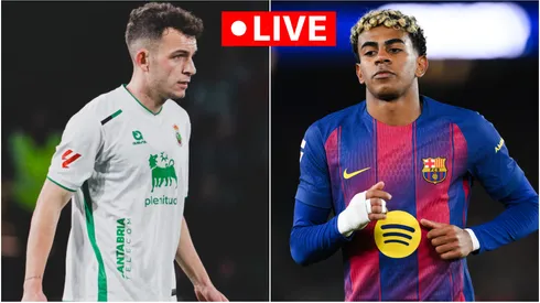 Iñigo Vicente of Racing Santander and Lamine Yamal of Barcelona.