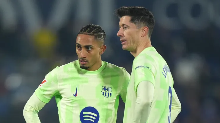 Raphinha and Robert Lewandowski of FC Barcelona.