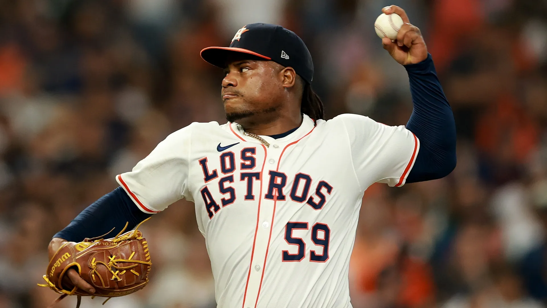 Framber Valdez #59 of the Astros pitches against the Mariners. Kenneth Richmond/Getty Images