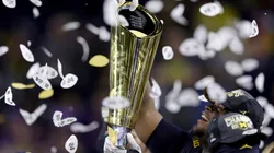 A detail of the College Football Playoff National Championship Trophy in 2024.