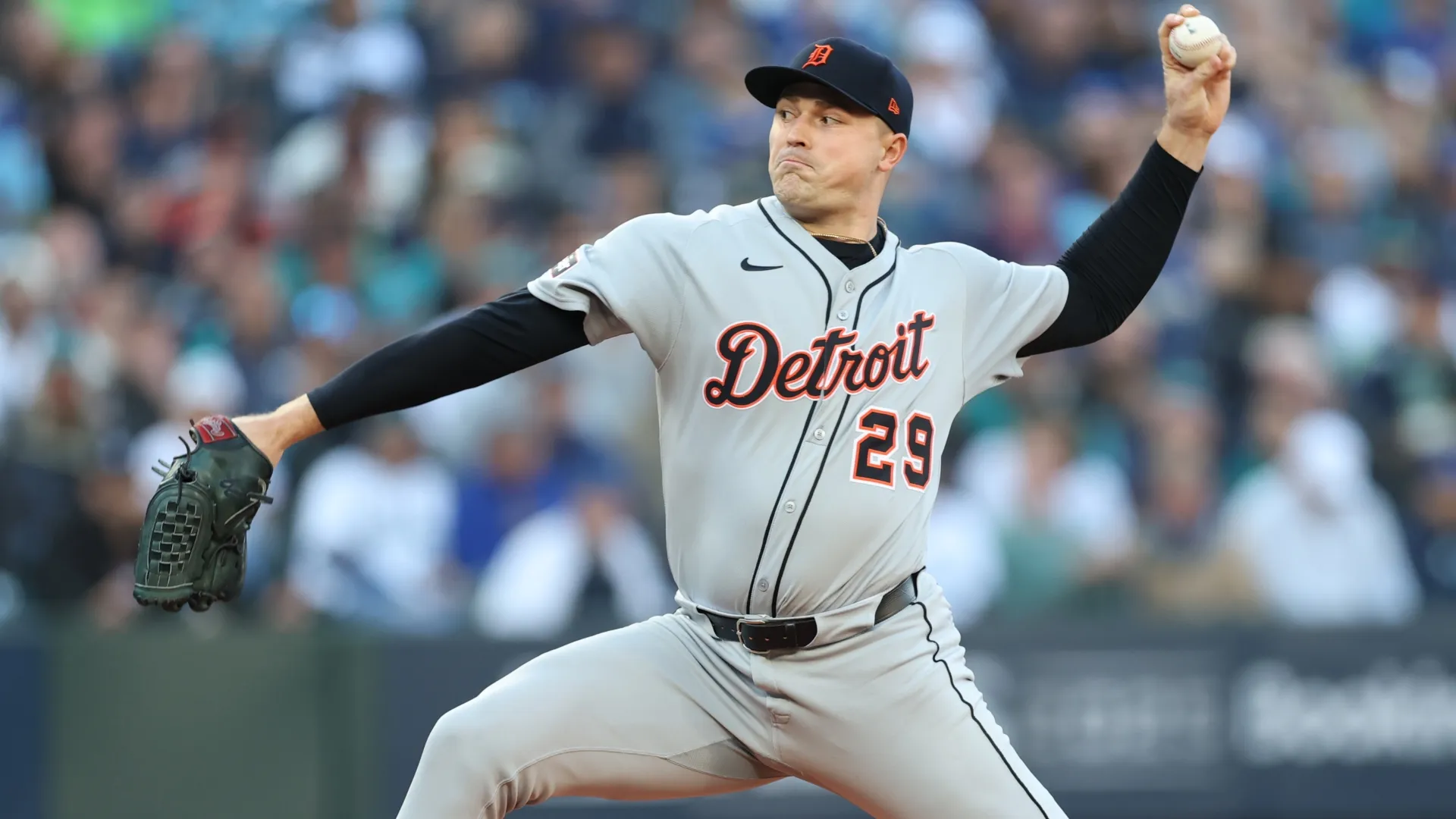 Tarik Skubal #29 of the Tigers pitches against the Mariners. by Steph Chambers/Getty Images
