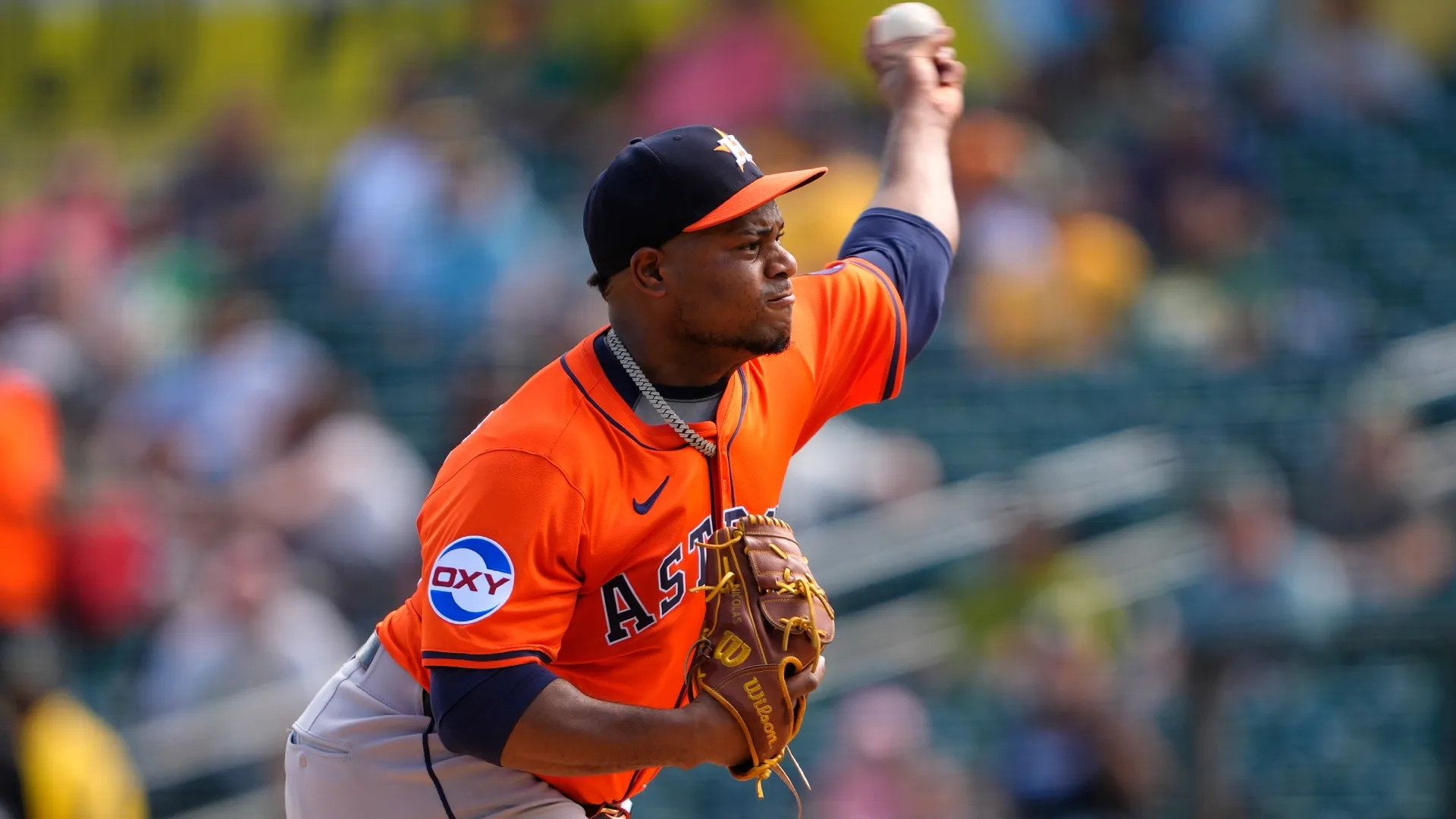 Framber Valdez #59 of the Astros pitches against the Athletic. Thearon W. Henderson/Getty Images