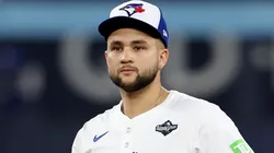 Bo Bichette #11 with the Blue Jays during game two of the World Series.