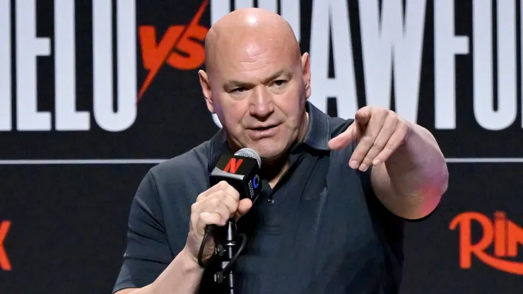 Dana White speaks onstage during Canelo vs Crawford press conference.