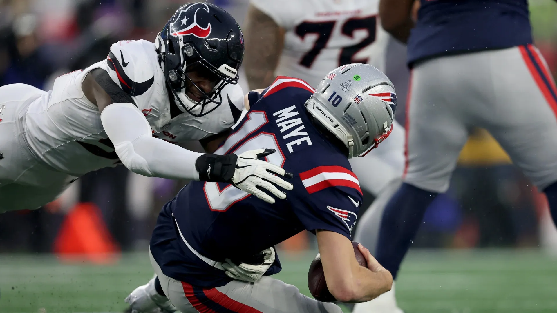 Will Anderson Jr. #51 of the Houston Texans sacks Drake Maye #10 of the New England Patriots