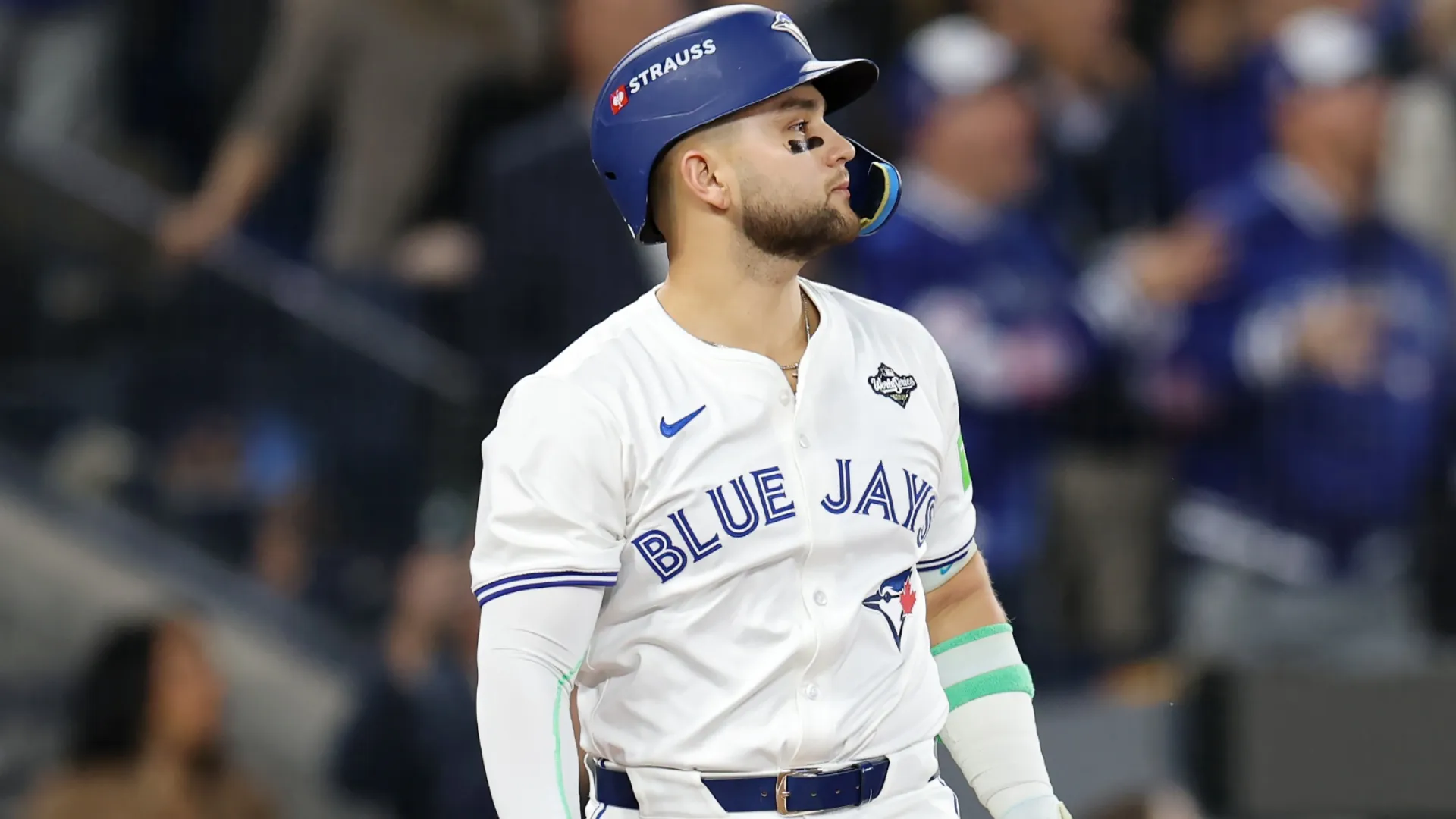 Bo Bichette reacts after a plate appearance. Emilee Chinn/Getty Images