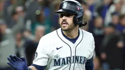 Eugenio Suárez #28 with the Mariners reacts after hitting a grand slam.
