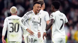 Kylian Mbappe celebrates a goal for Real Madrid.