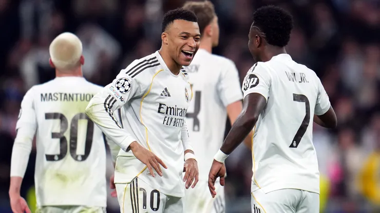 Kylian Mbappe celebrates a goal for Real Madrid.