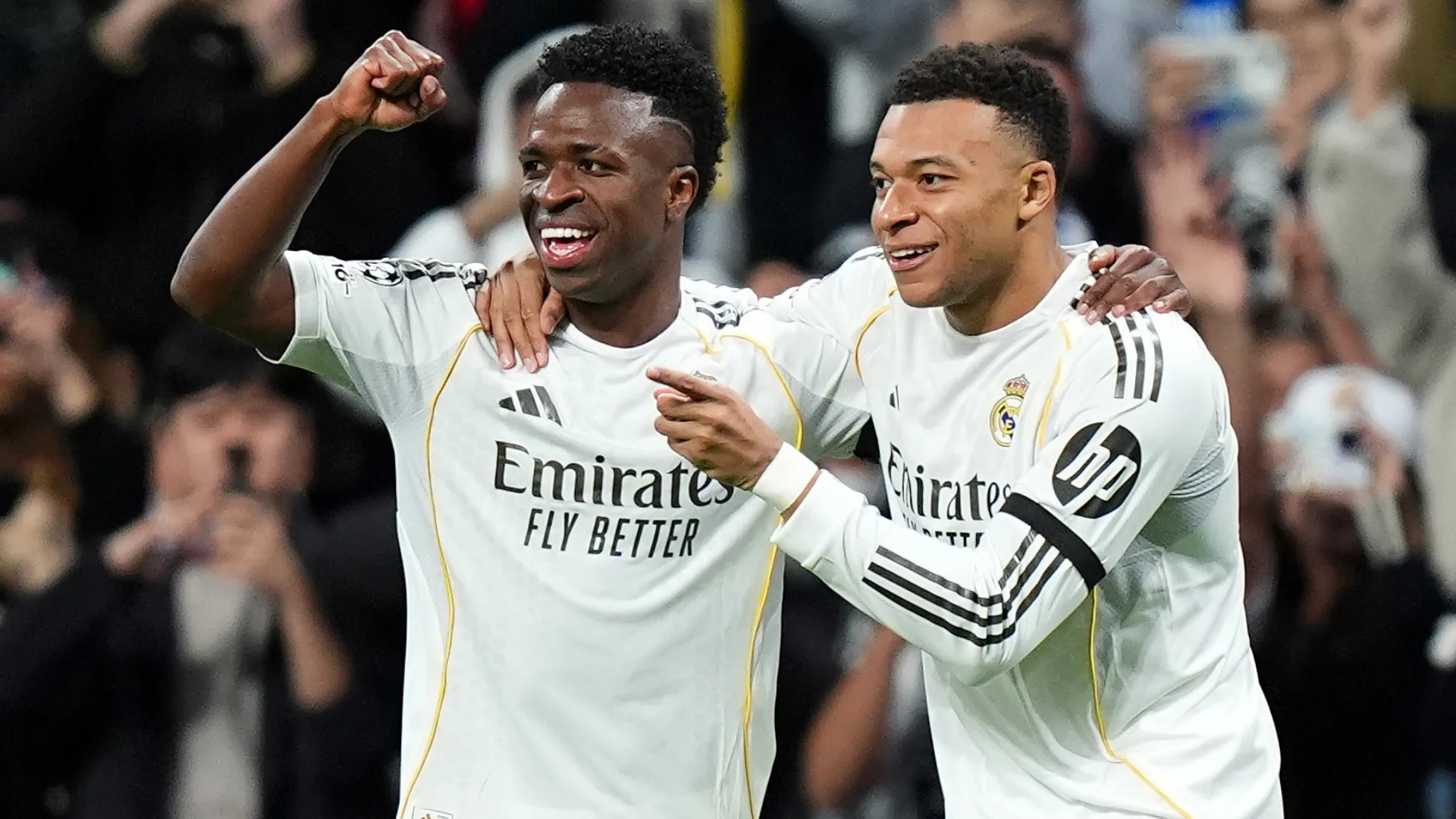 Kylian Mbappe celebrates his first goal against Monaco with Vinicius Jr. (Getty Images)