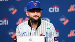 Bo Bichette #19 of the New York Mets speaks to media during an introductory press conference.