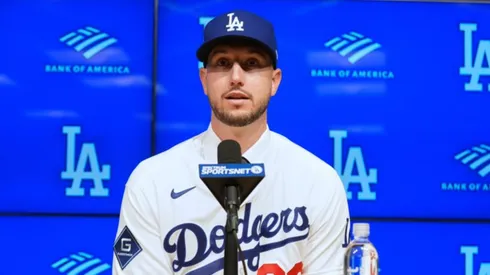 Kyle Tucker speaks during his introductory press conference with the Dodgers.
