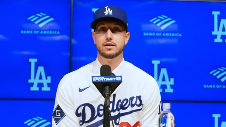 Kyle Tucker speaks during his introductory press conference with the Dodgers.