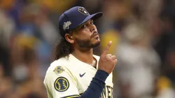 Freddy Peralta #51 of the Milwaukee Brewers celebrates.