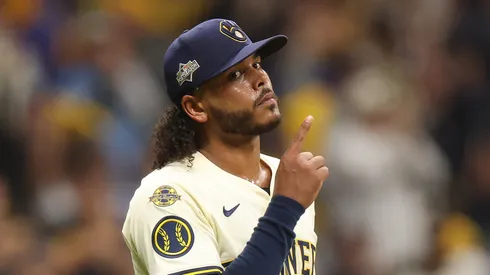 Freddy Peralta #51 of the Milwaukee Brewers celebrates.