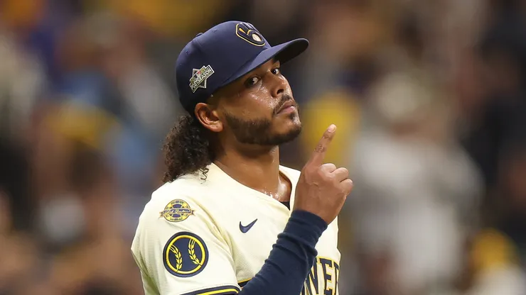 Freddy Peralta #51 of the Milwaukee Brewers celebrates.