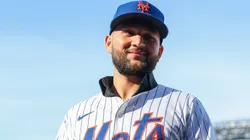 Bo Bichette #19 of the New York Mets poses for a photo during an introductory press conference.