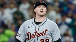 Tarik Skubal #29 of the Tigers reacts after striking out the side against the Mariners.