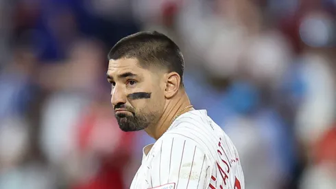 Nick Castellanos of the Philadelphia Phillies after hitting a two-RBI double on October 06, 2025 in Philadelphia.