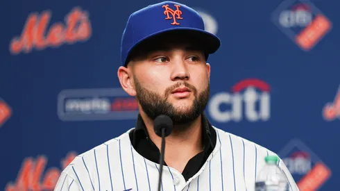 Bo Bichette #19 of the New York Mets speaks to media during an introductory press conference.