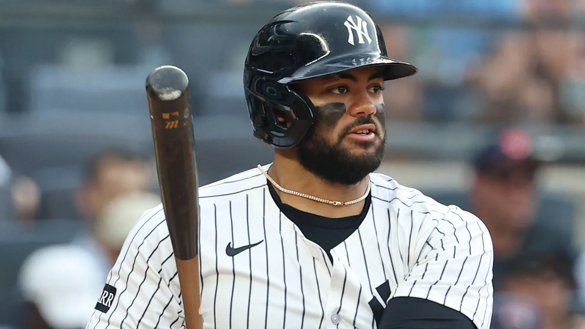Jasson Domínguez #24 of the Yankees bats against the Rays. Al Bello/Getty Images