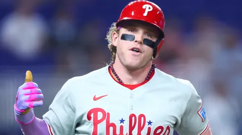 Harrison Bader #2 of the Philadelphia Phillies reacts after hitting a home run.