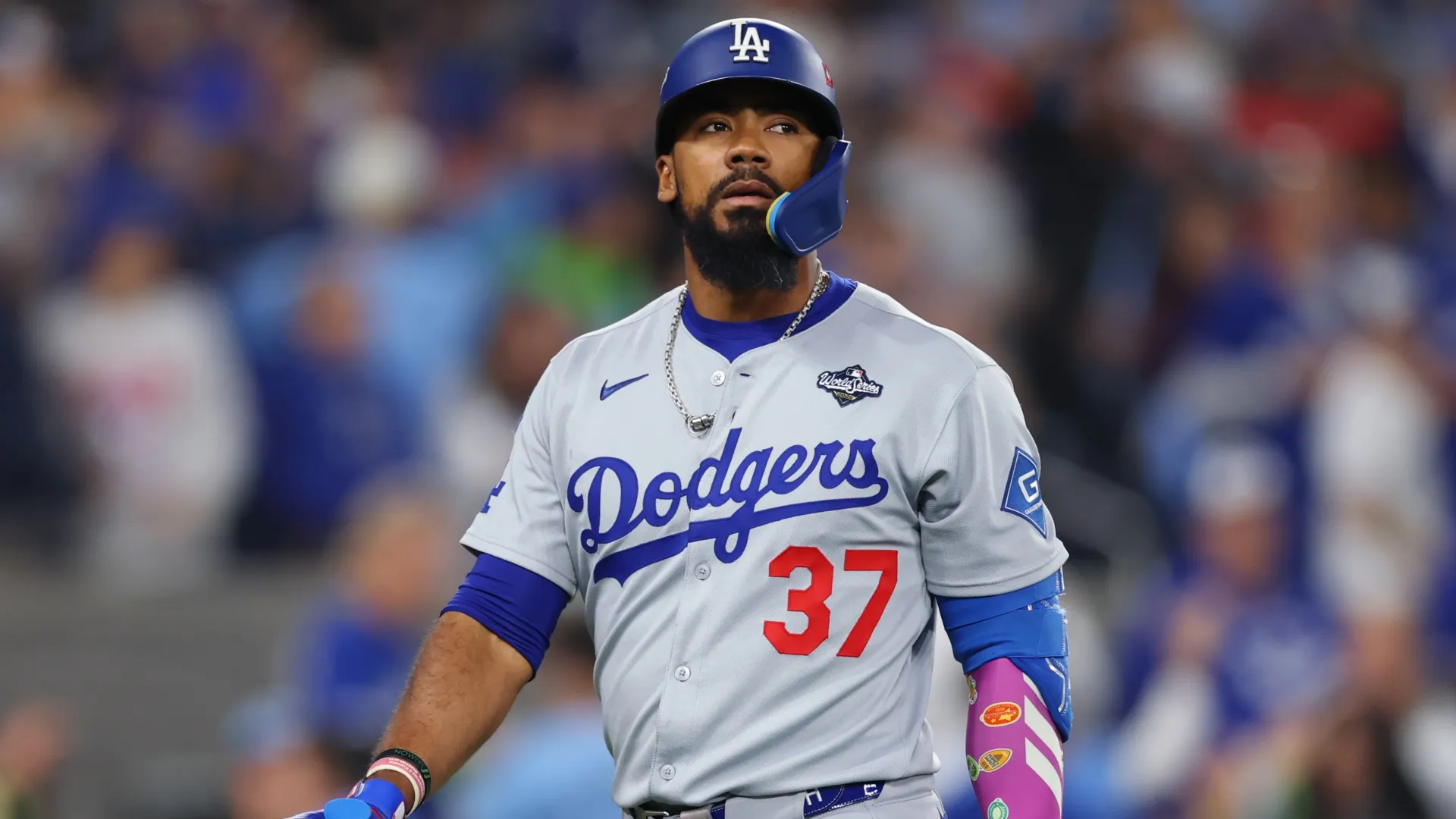 Teoscar Hernández #37 of the Dodgers strikes out against the Blue Jays. Gregory Shamus/Getty Images)