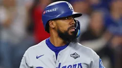 Teoscar Hernández #37 of the Los Angeles Dodgers reacts after striking out.