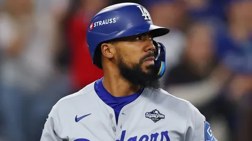 Teoscar Hernández #37 of the Los Angeles Dodgers reacts after striking out.