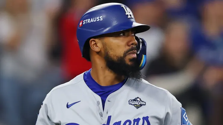 Teoscar Hernández #37 of the Los Angeles Dodgers reacts after striking out.