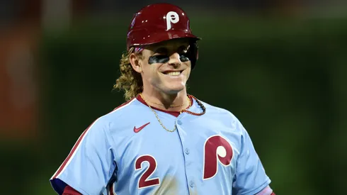 Harrison Bader #2 of the Phillies smiles during a game against the Braves.