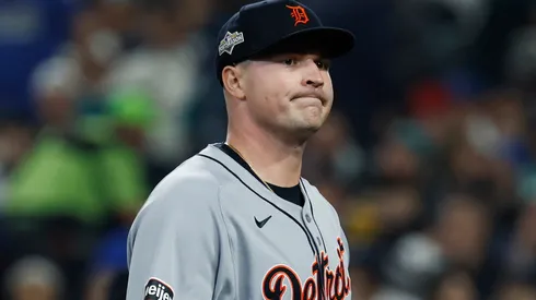 Tarik Skubal #29 of the Tigers reacts after retiring the side against the Mariners.