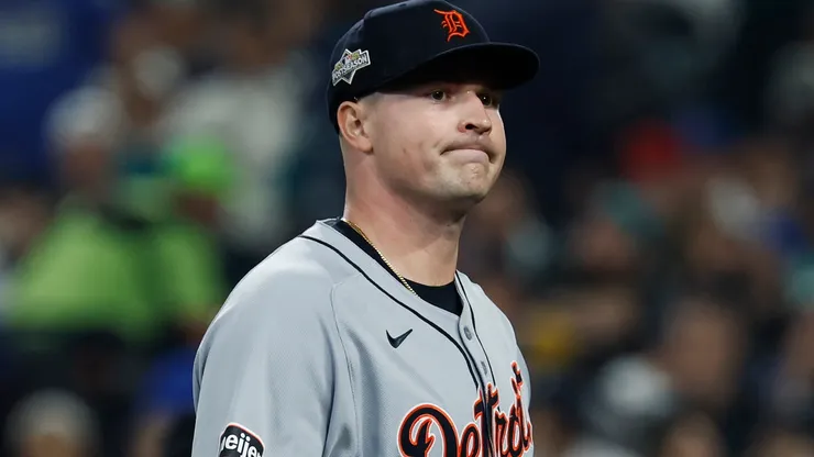 Tarik Skubal #29 of the Tigers reacts after retiring the side against the Mariners.