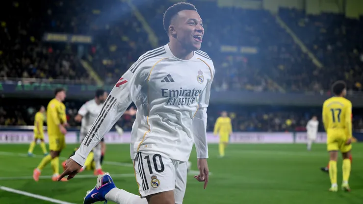 Kylian Mbappe celebrates a goal for Real Madrid.