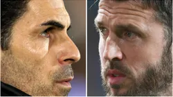 Mikel Arteta, Manager of Arsenal (L) and Michael Carrick, Interim Head Coach of Manchester United