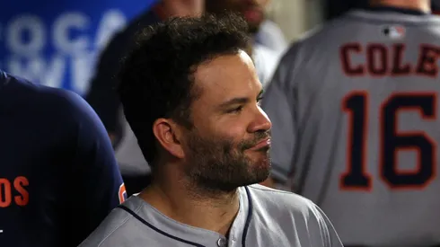 Jose Altuve reacts in the dugout on September 27, 2025 in Anaheim.