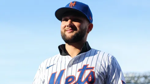 Bo Bichette #19 of the New York Mets poses for a photo during an introductory press conference.