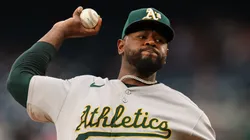 Luis Severino #40 of the Athletics pitches against the Nationals.