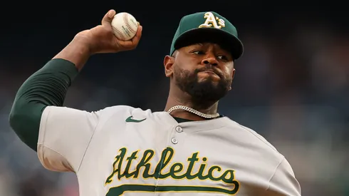 Luis Severino #40 of the Athletics pitches against the Nationals.