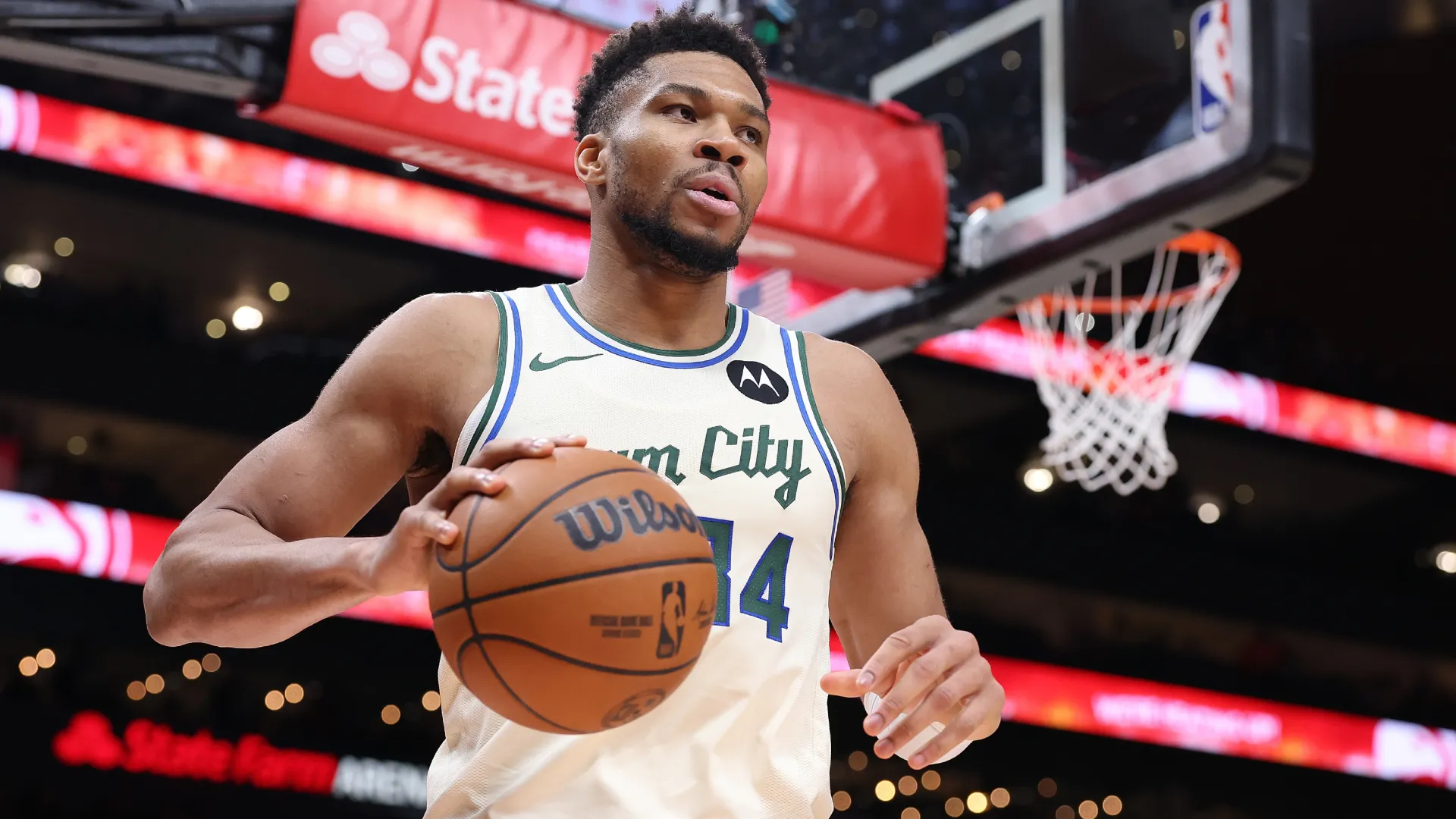 Giannis Antetokounmpo during a game against the Hawks. (Getty Images)