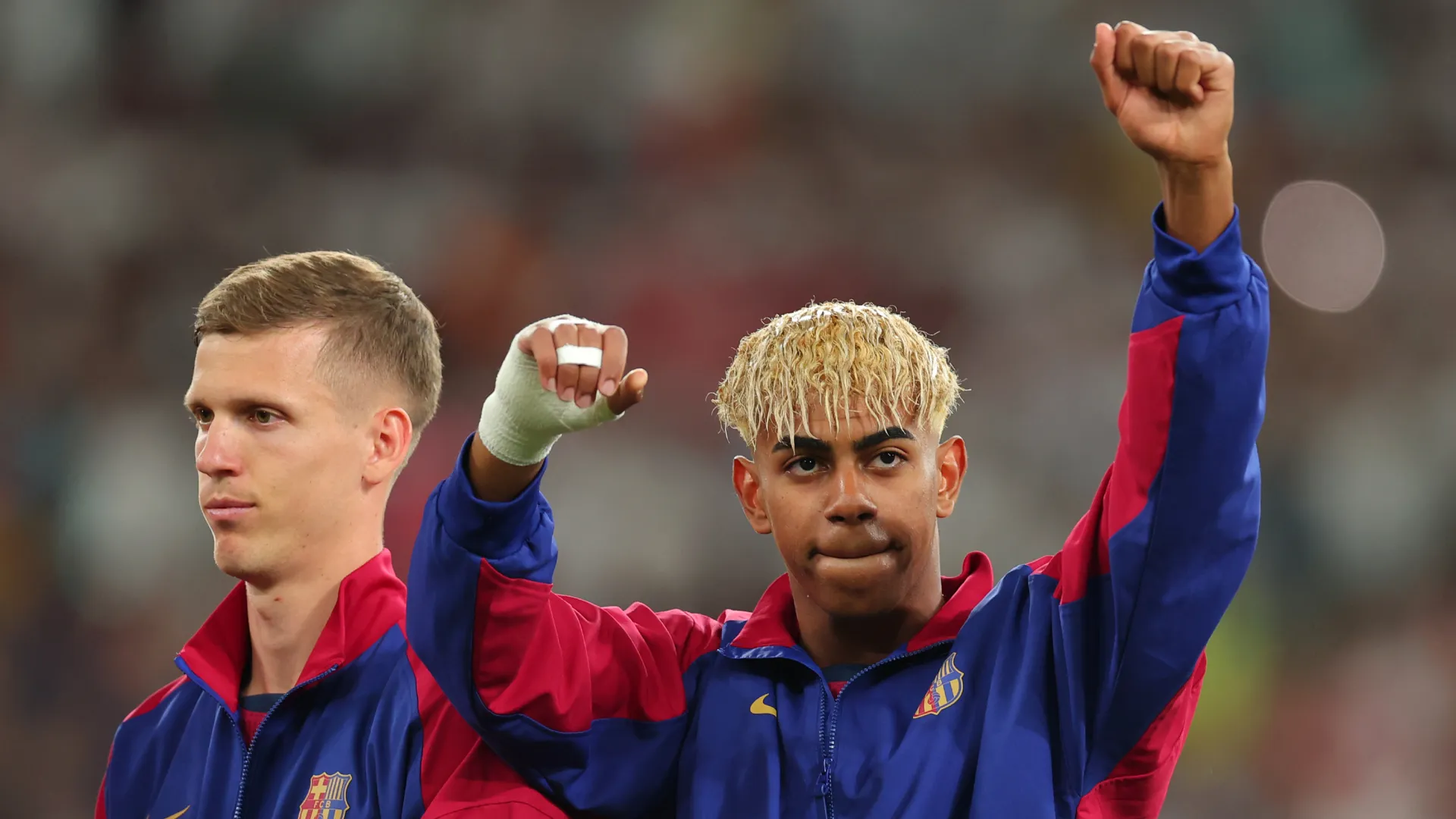 Dani Olmo and Lamine Yamal prior to a Barcelona game. (Getty Images)