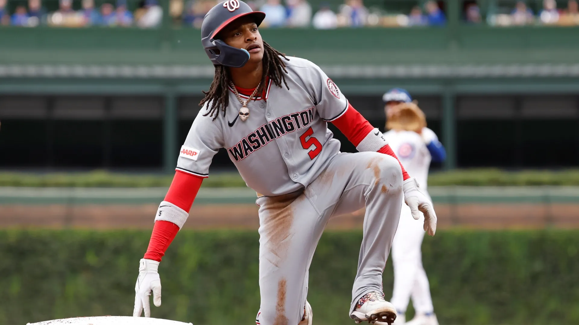 CJ Abrams #5 of the Nationals is tagged out during the fifth inning against the Cubs. Sage Zipeto/Getty Images